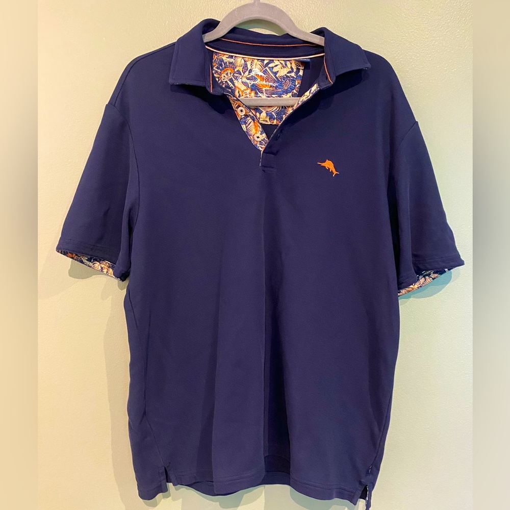 Tommy Bahama Polo Shirt Men’s Navy Blue Tropical Button Up Golf Size MEDIUM